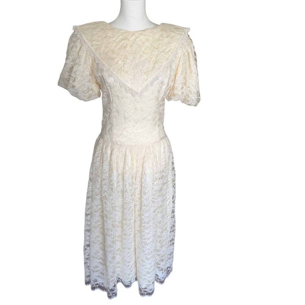 VTG 80s‎ Ivory Lace Romantic Puff Sleeve M Midi Dress Ivory Prairie Edwardian